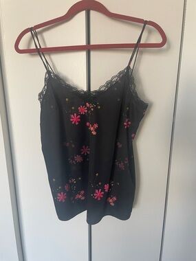 All Saints Black Cami with Pink Floral Print and Lace Trim